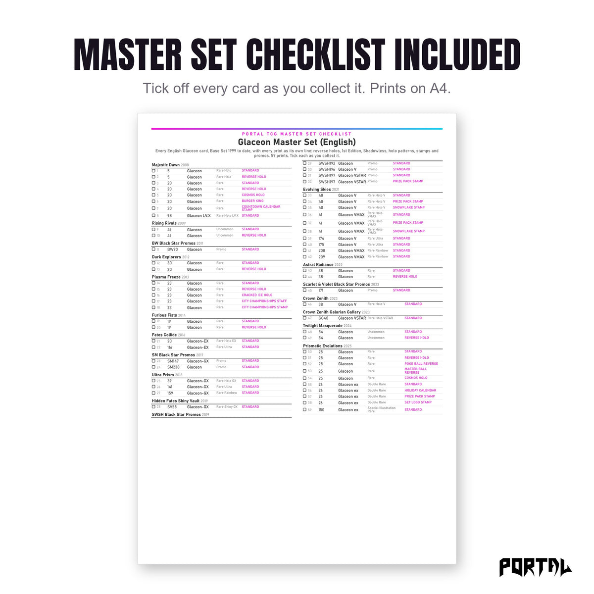 The Glaceon master set checklist included in the pack