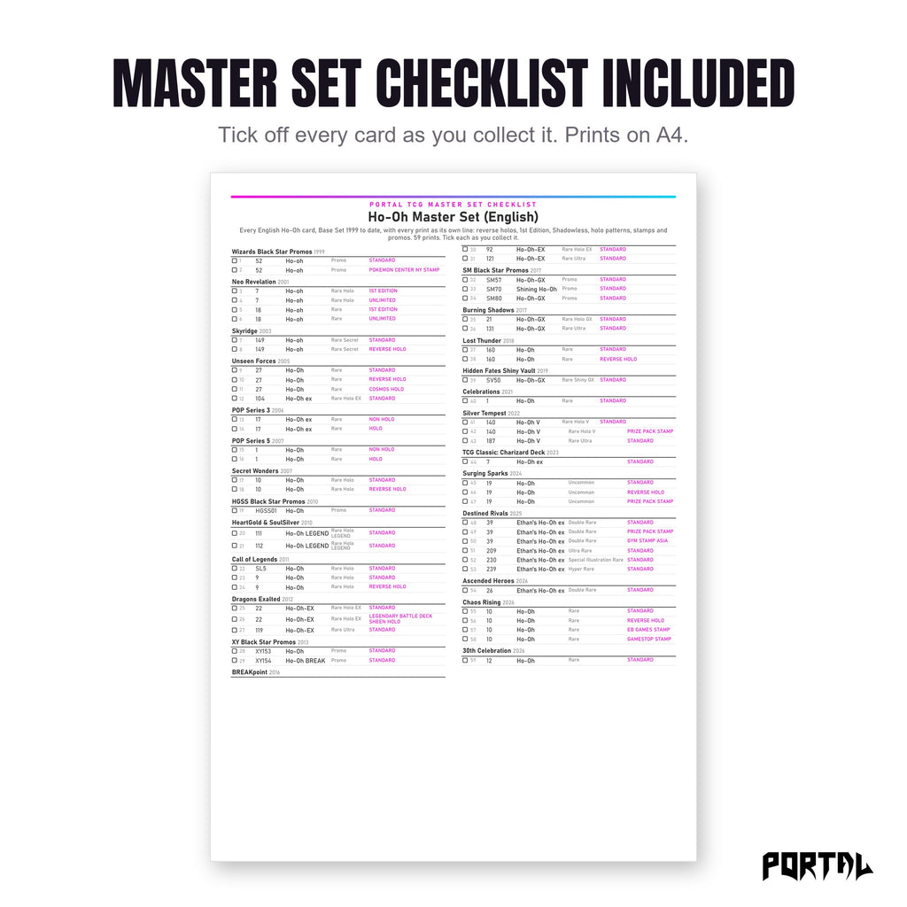 The Ho-Oh master set checklist included in the pack
