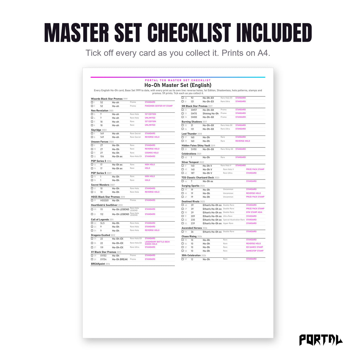 The Ho-Oh master set checklist included in the pack