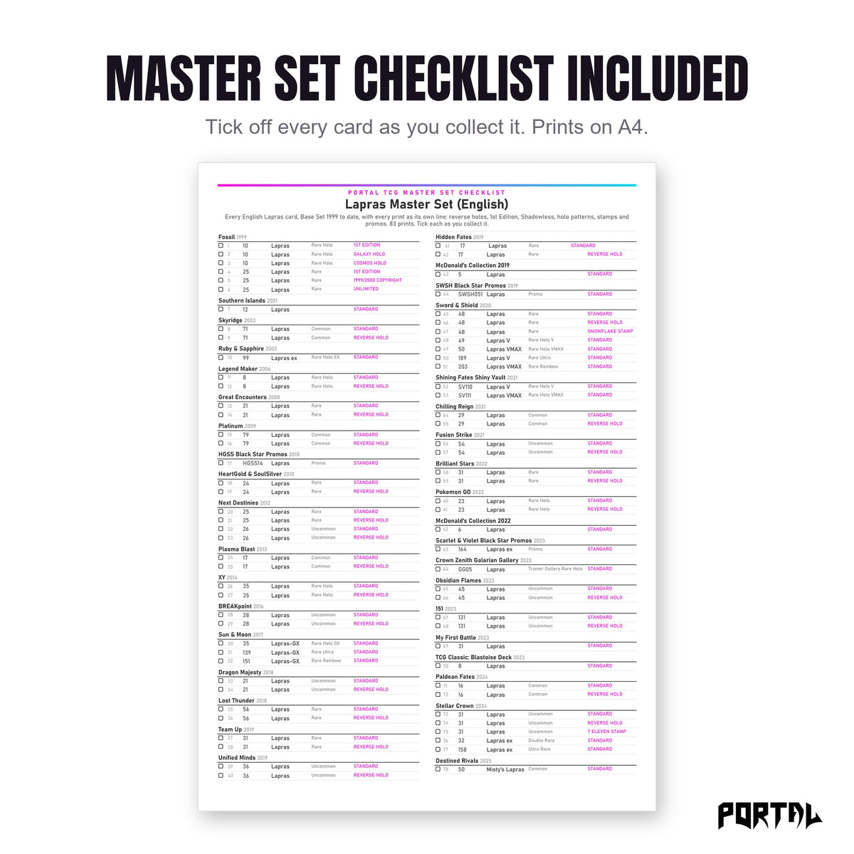 The Lapras master set checklist included in the pack