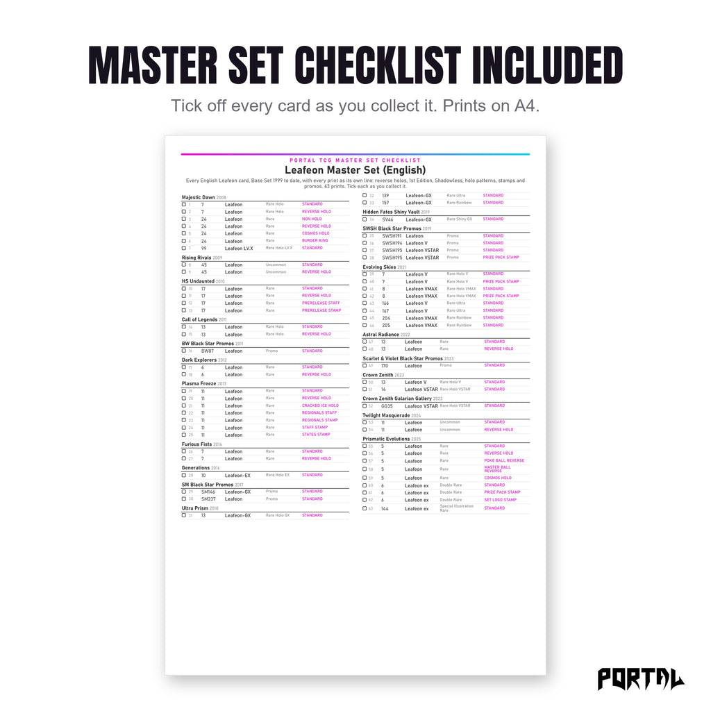 The Leafeon master set checklist included in the pack