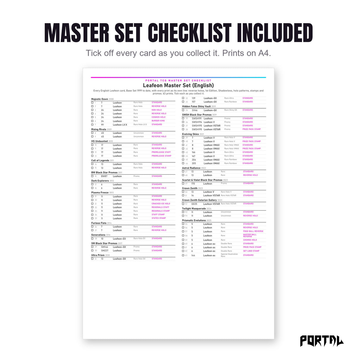 The Leafeon master set checklist included in the pack