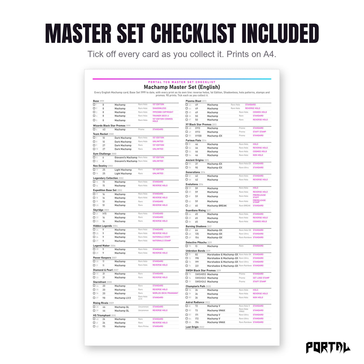 The Machamp master set checklist included in the pack