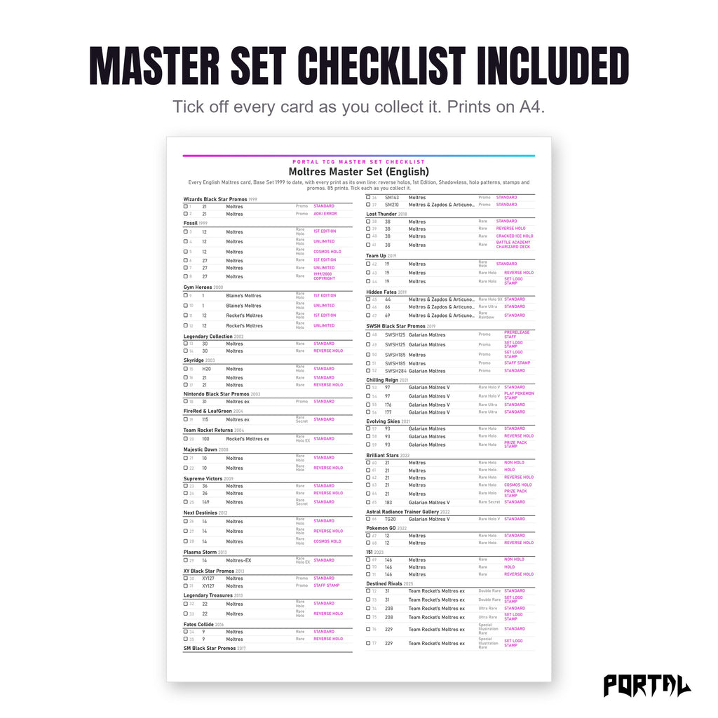 The Moltres master set checklist included in the pack