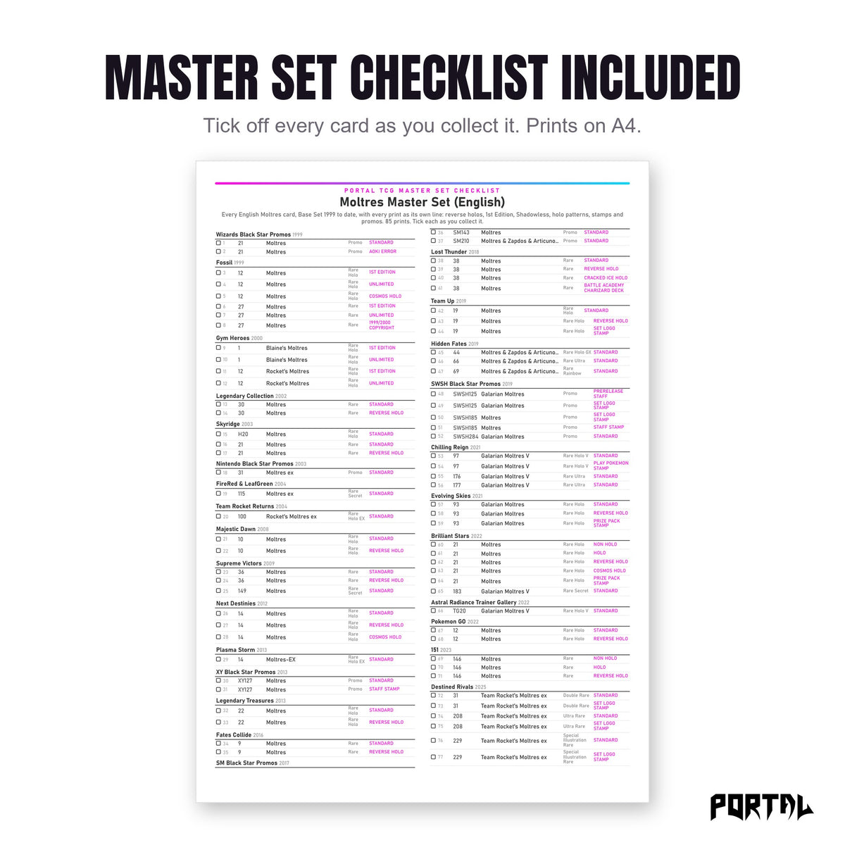 The Moltres master set checklist included in the pack