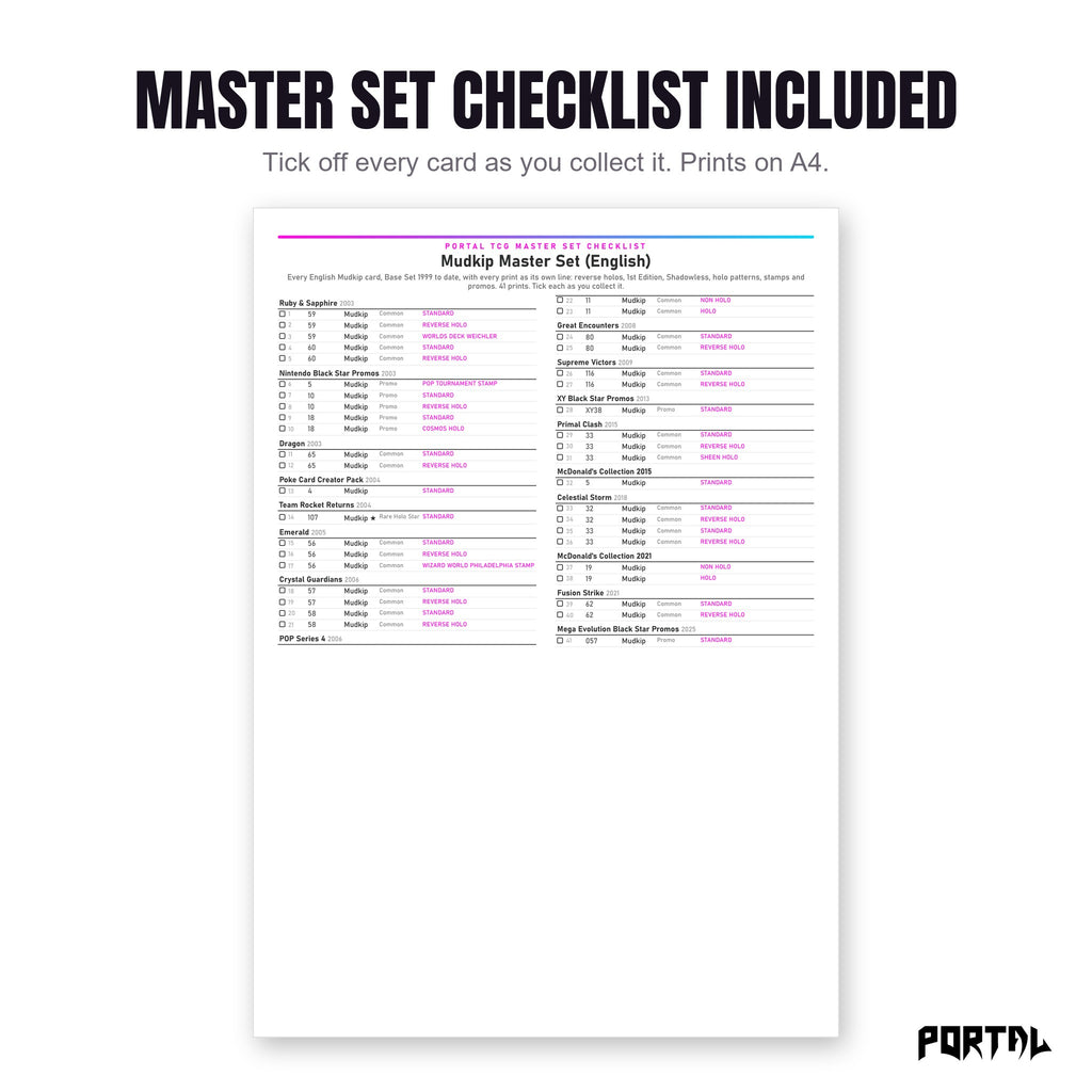 The Mudkip master set checklist included in the pack