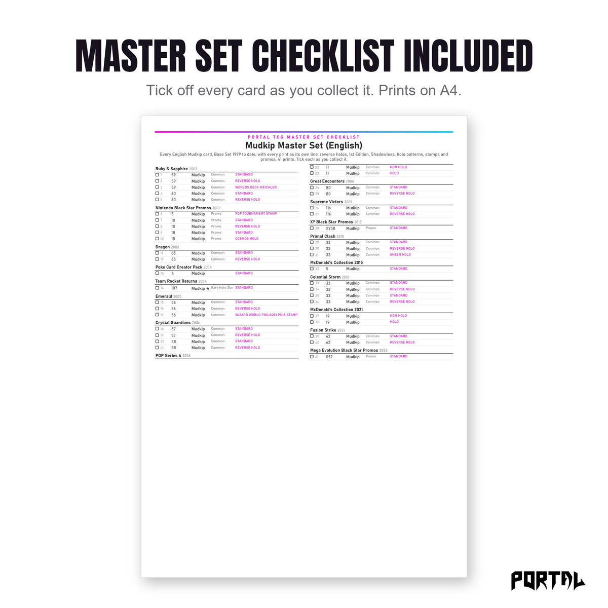 The Mudkip master set checklist included in the pack