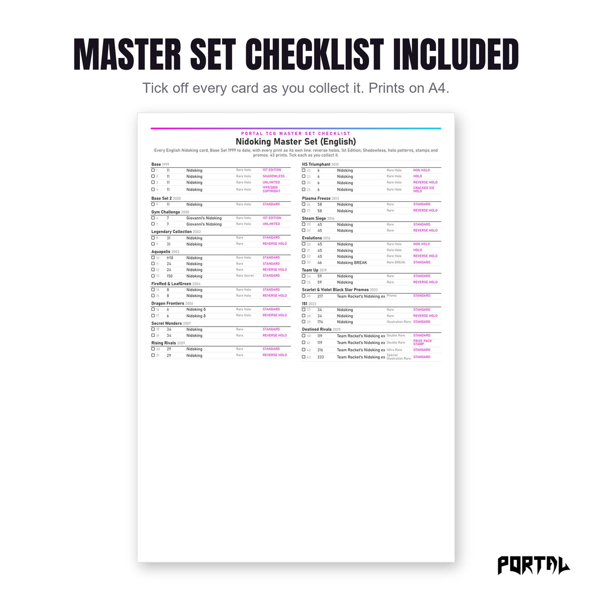 The Nidoking master set checklist included in the pack