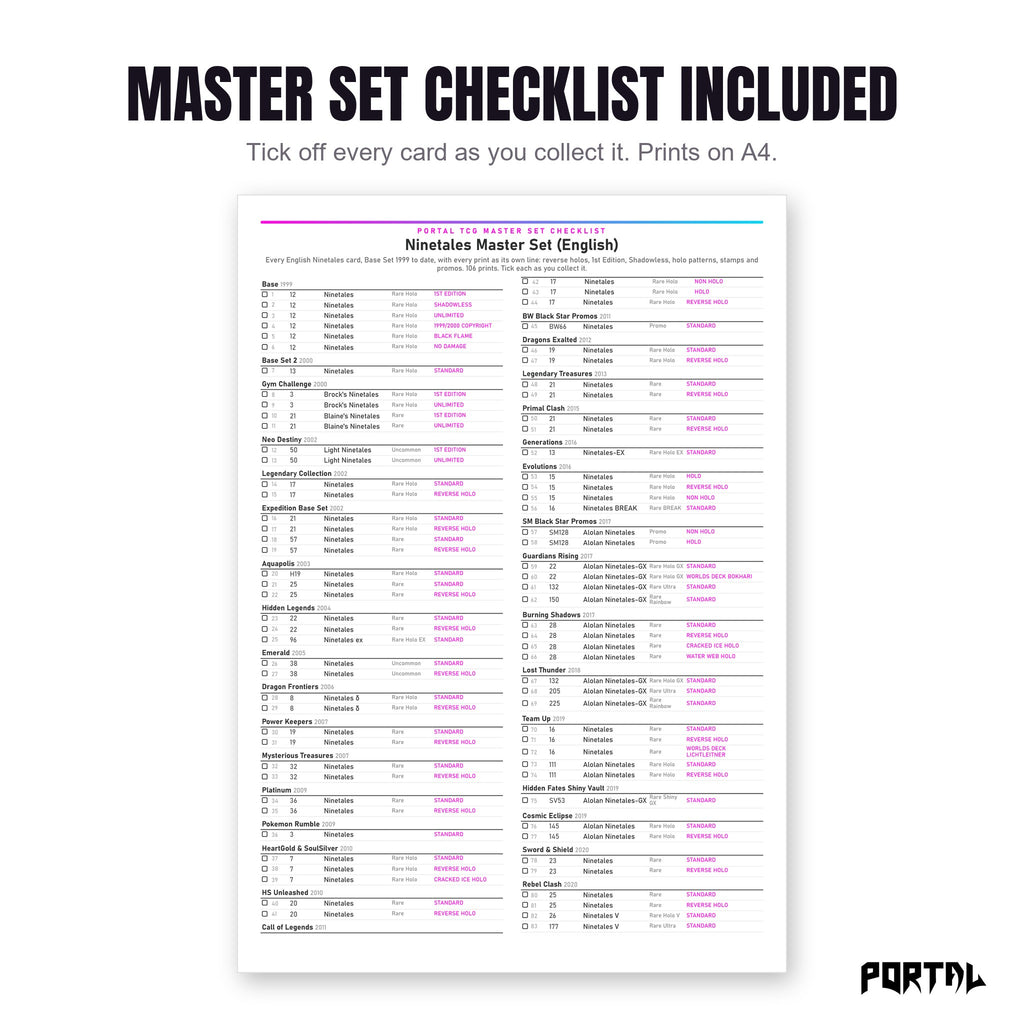 The Ninetales master set checklist included in the pack