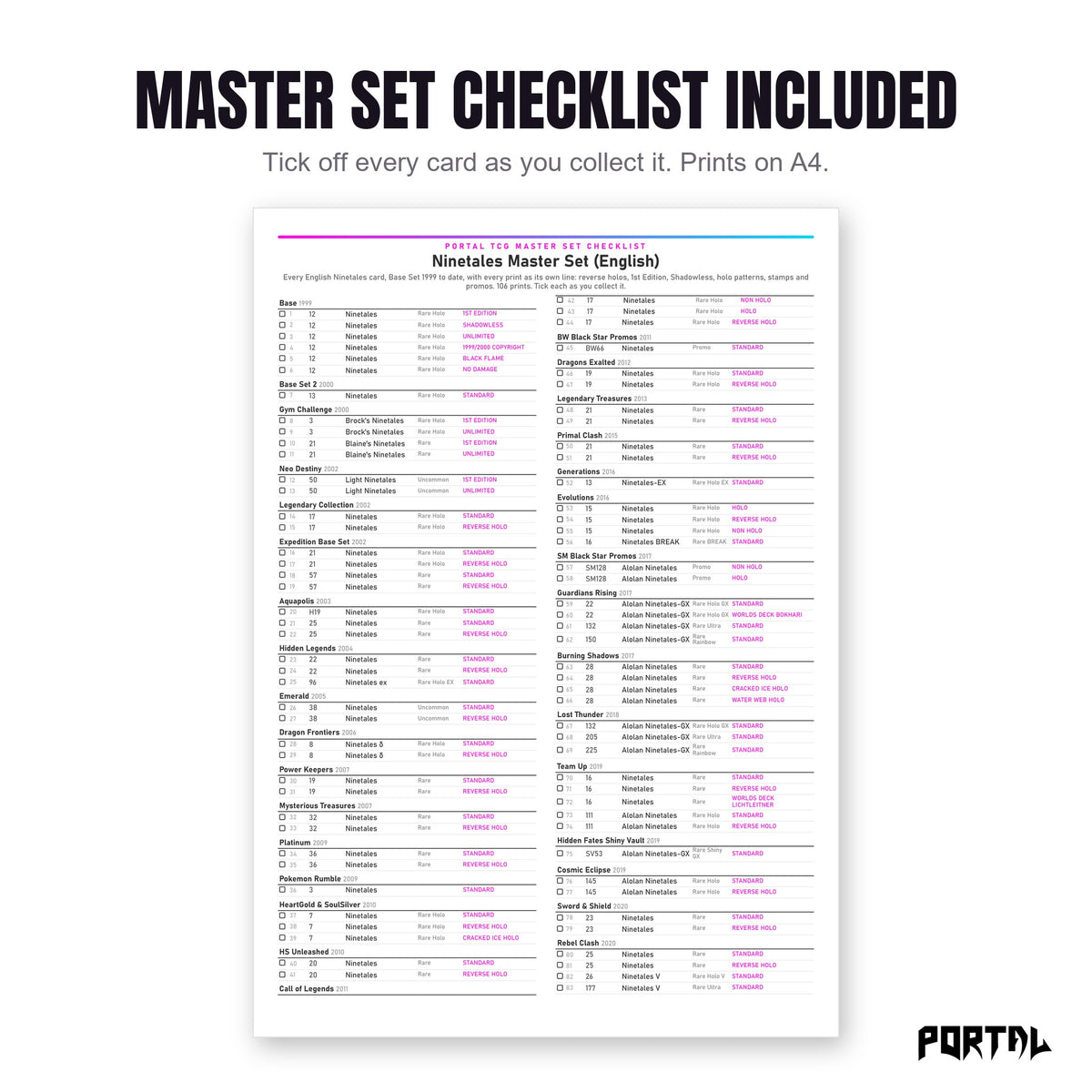 The Ninetales master set checklist included in the pack