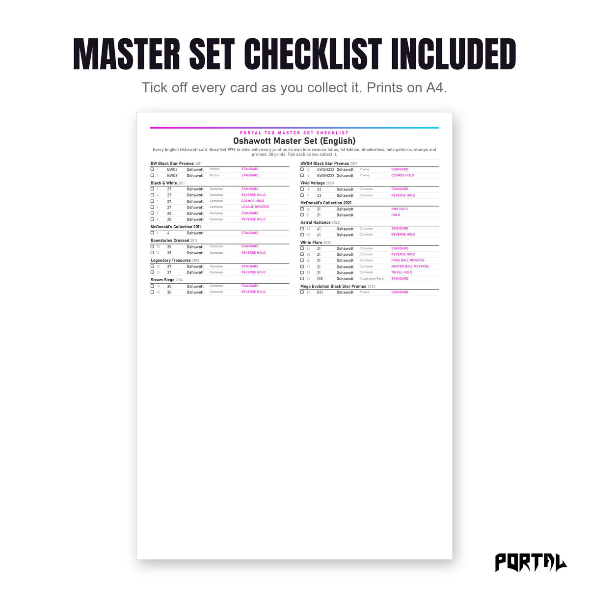 The Oshawott master set checklist included in the pack