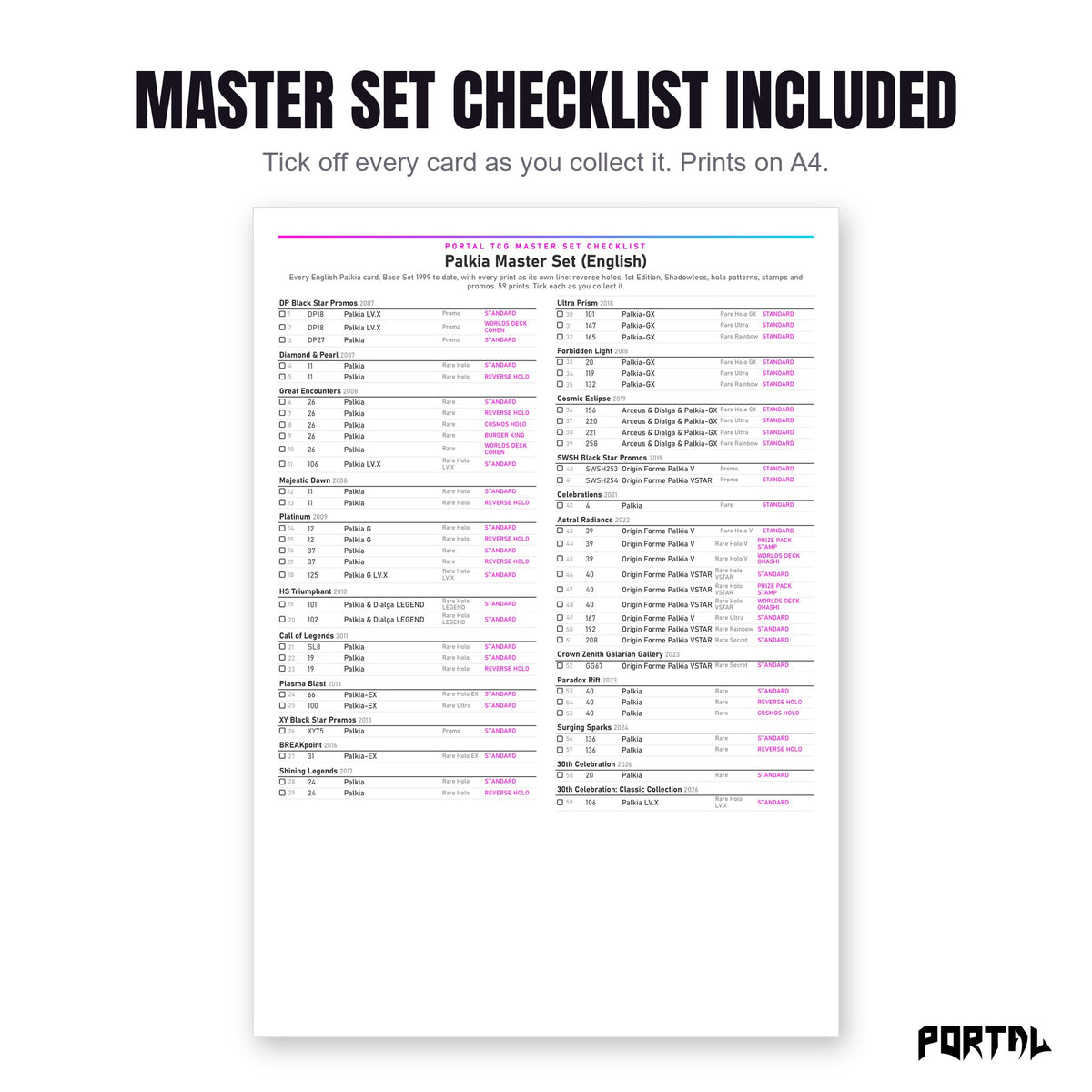 The Palkia master set checklist included in the pack