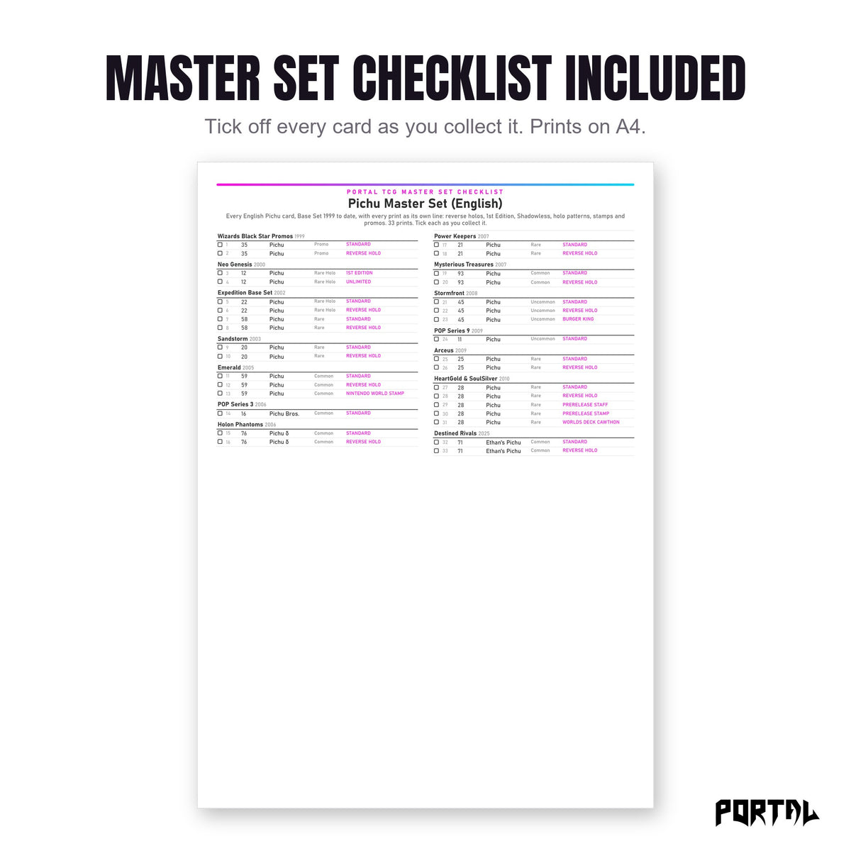 The Pichu master set checklist included in the pack