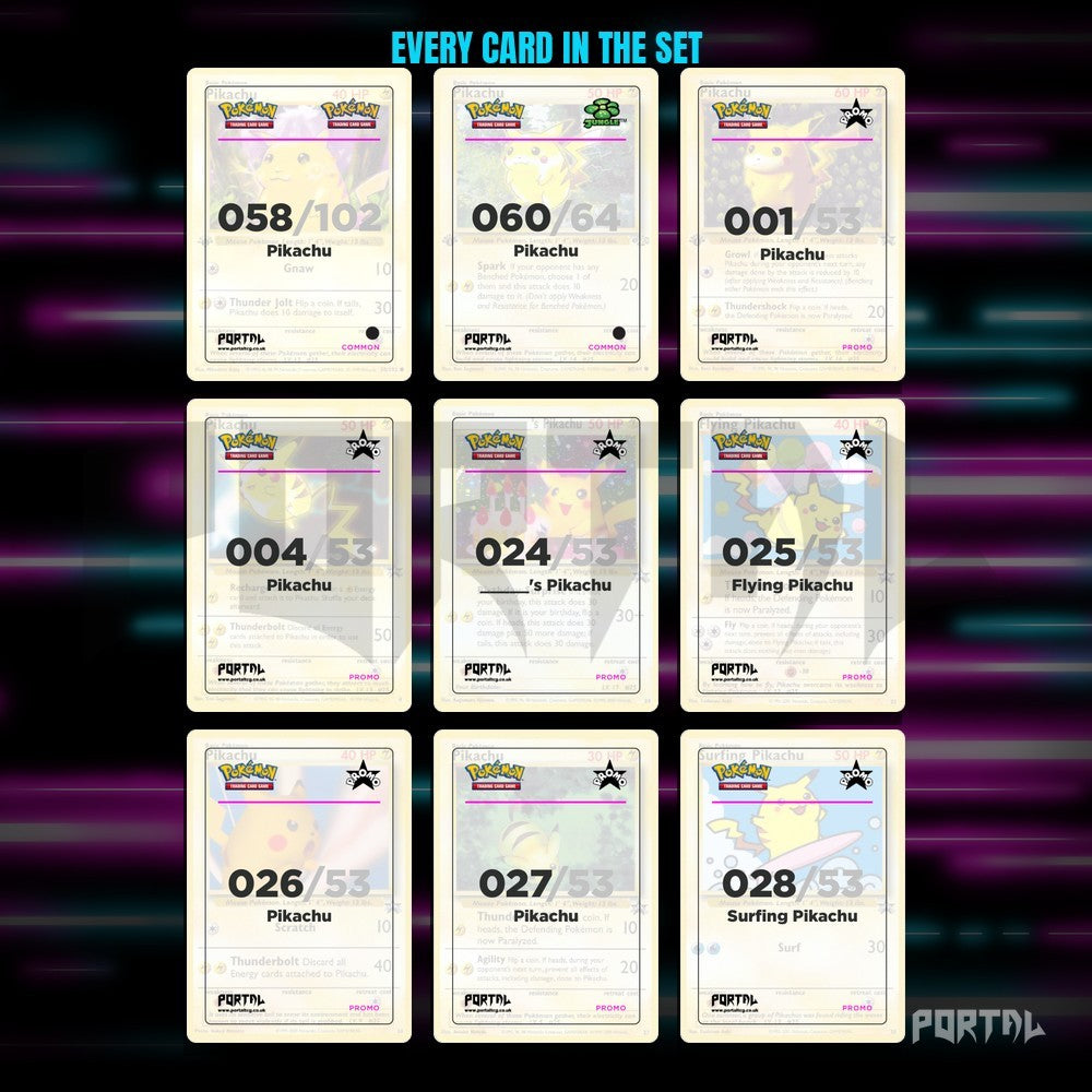 Pikachu character master set placeholders, binder page, Portal TCG