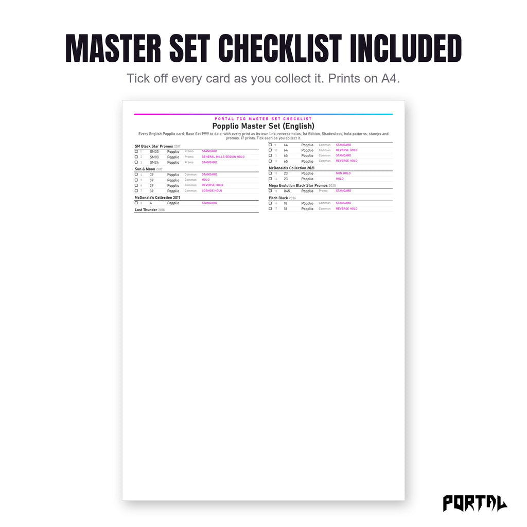 The Popplio master set checklist included in the pack