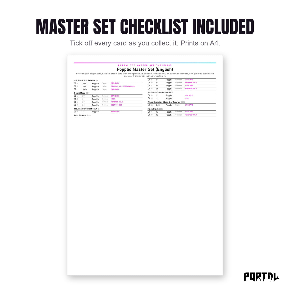 The Popplio master set checklist included in the pack
