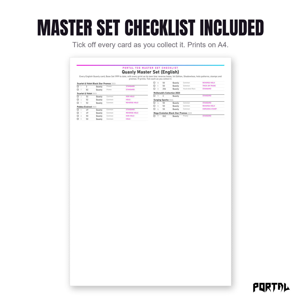 The Quaxly master set checklist included in the pack