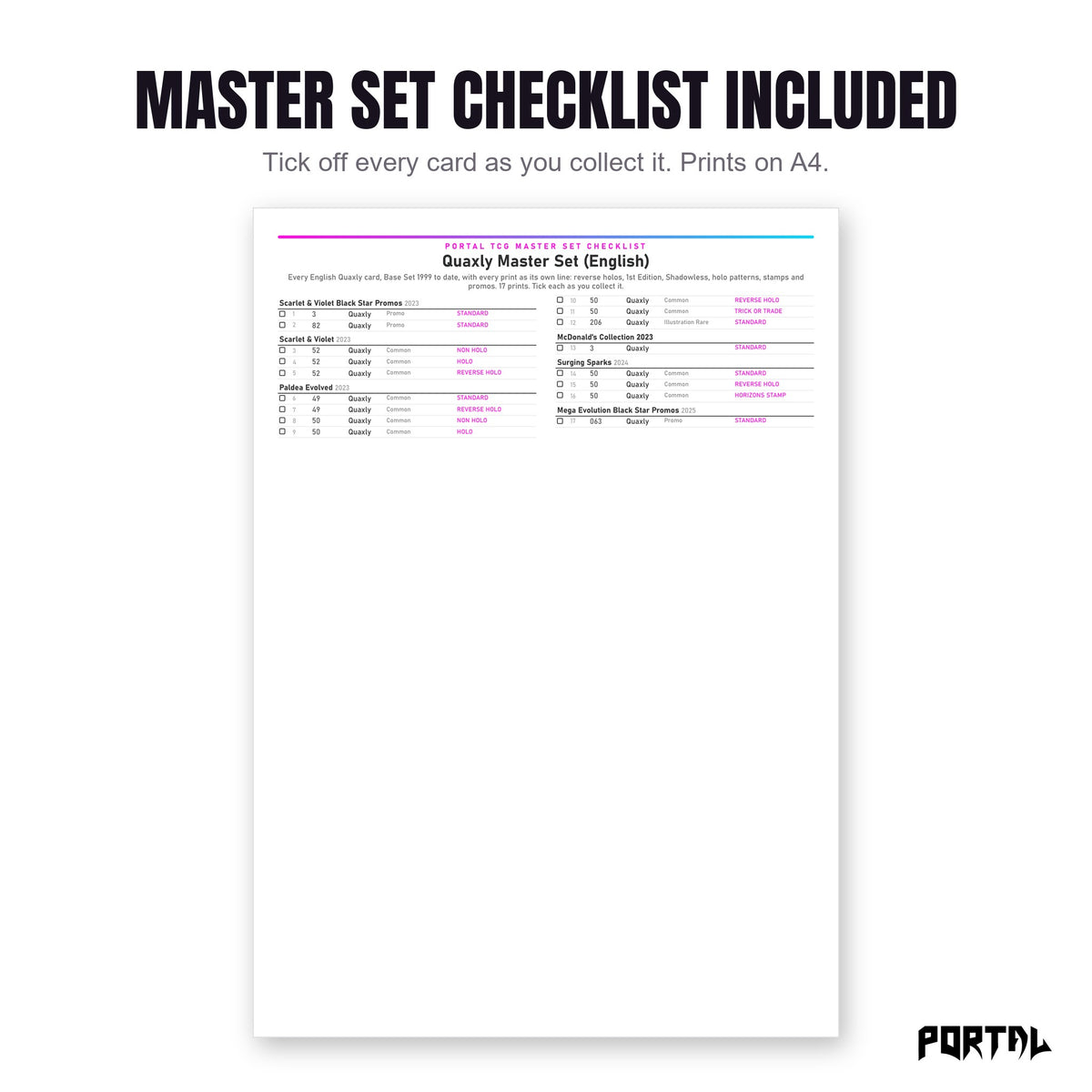 The Quaxly master set checklist included in the pack