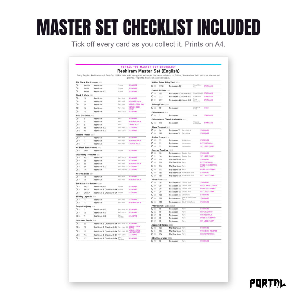 The Reshiram master set checklist included in the pack