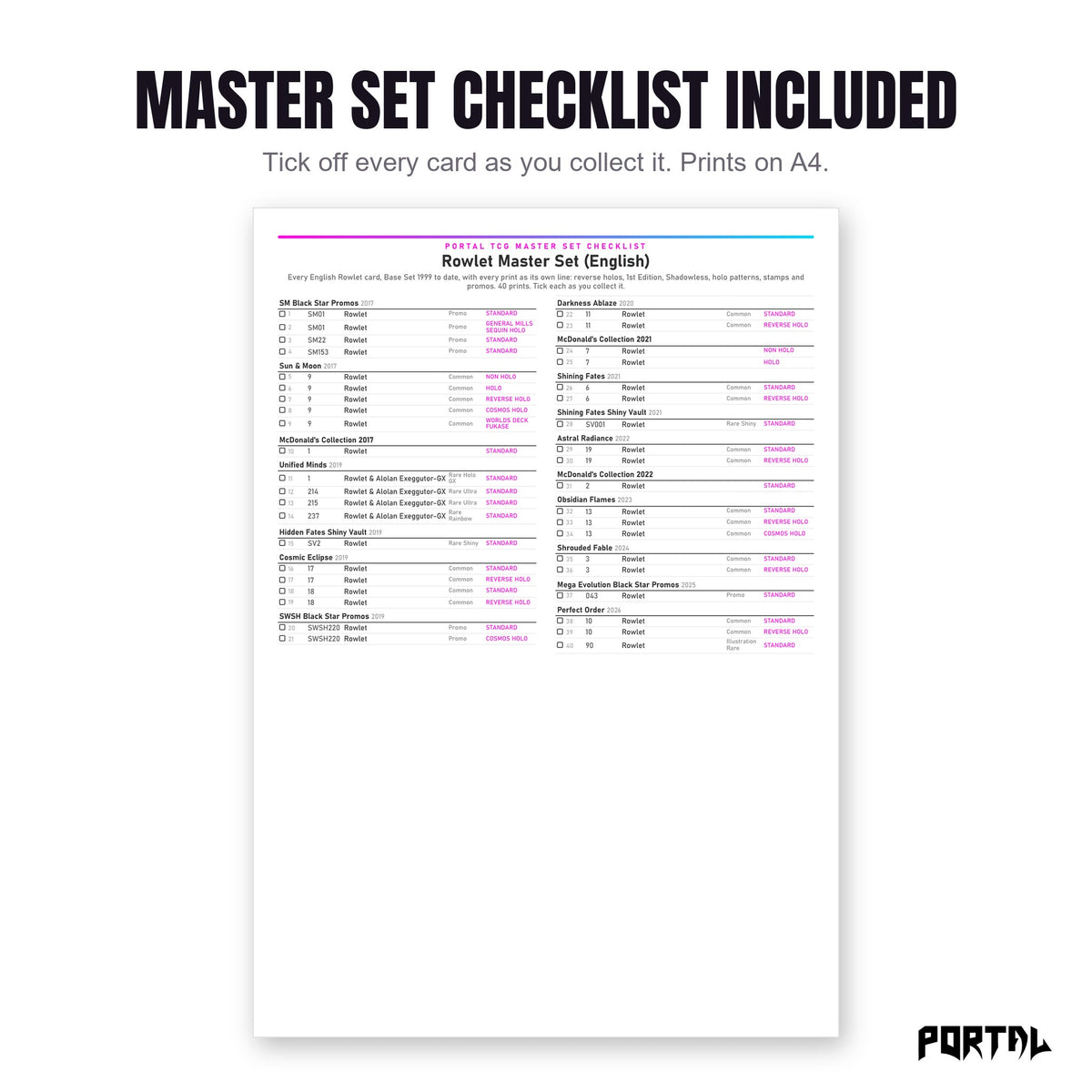 The Rowlet master set checklist included in the pack