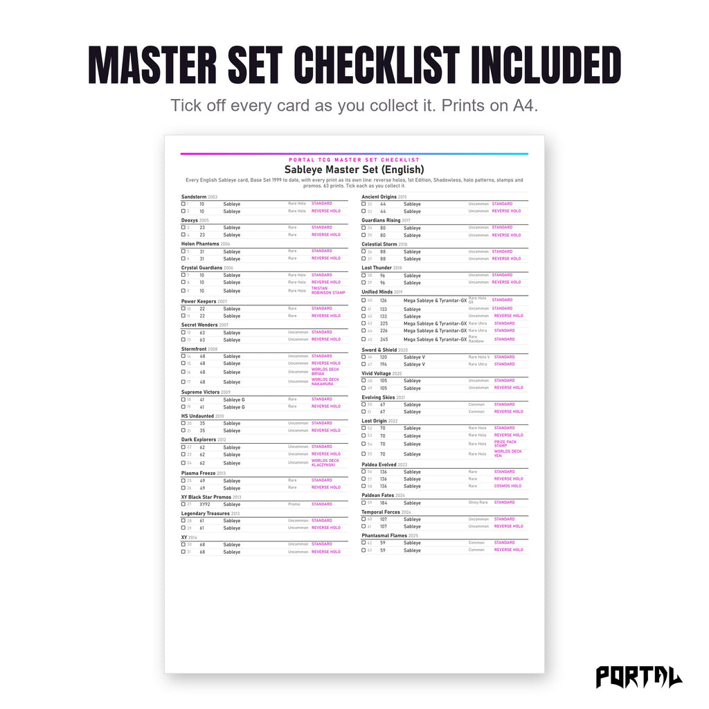 The Sableye master set checklist included in the pack
