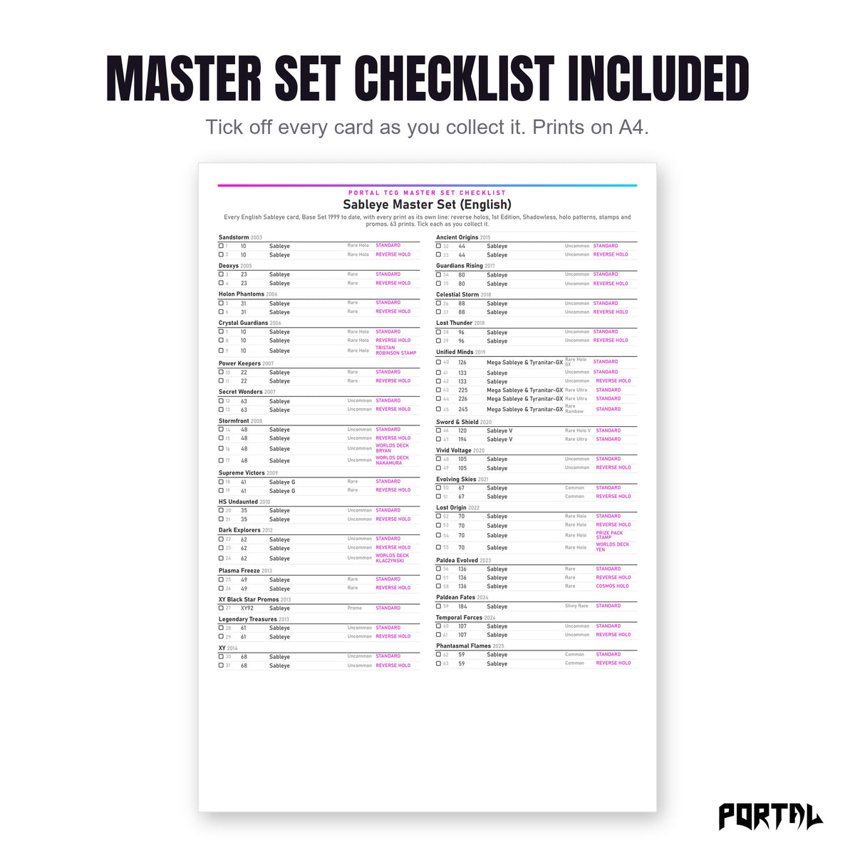 The Sableye master set checklist included in the pack