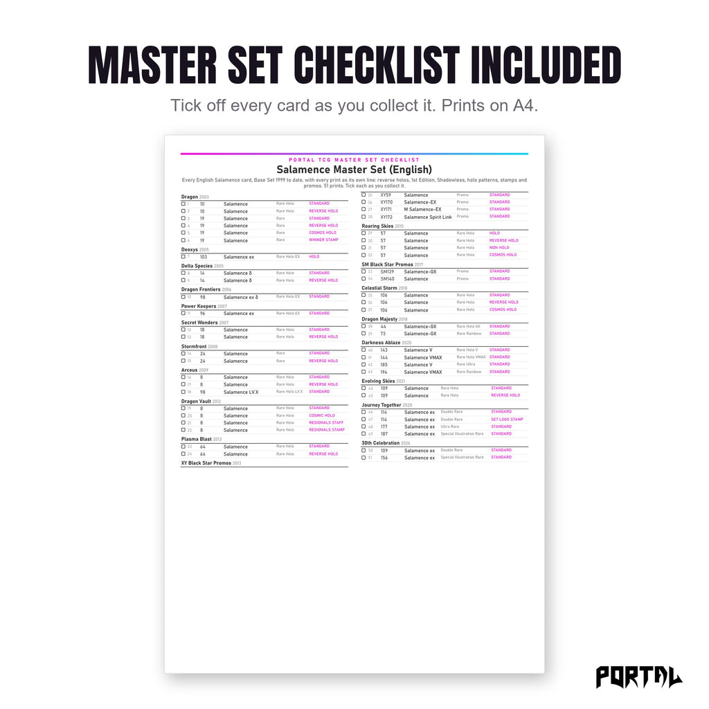 The Salamence master set checklist included in the pack