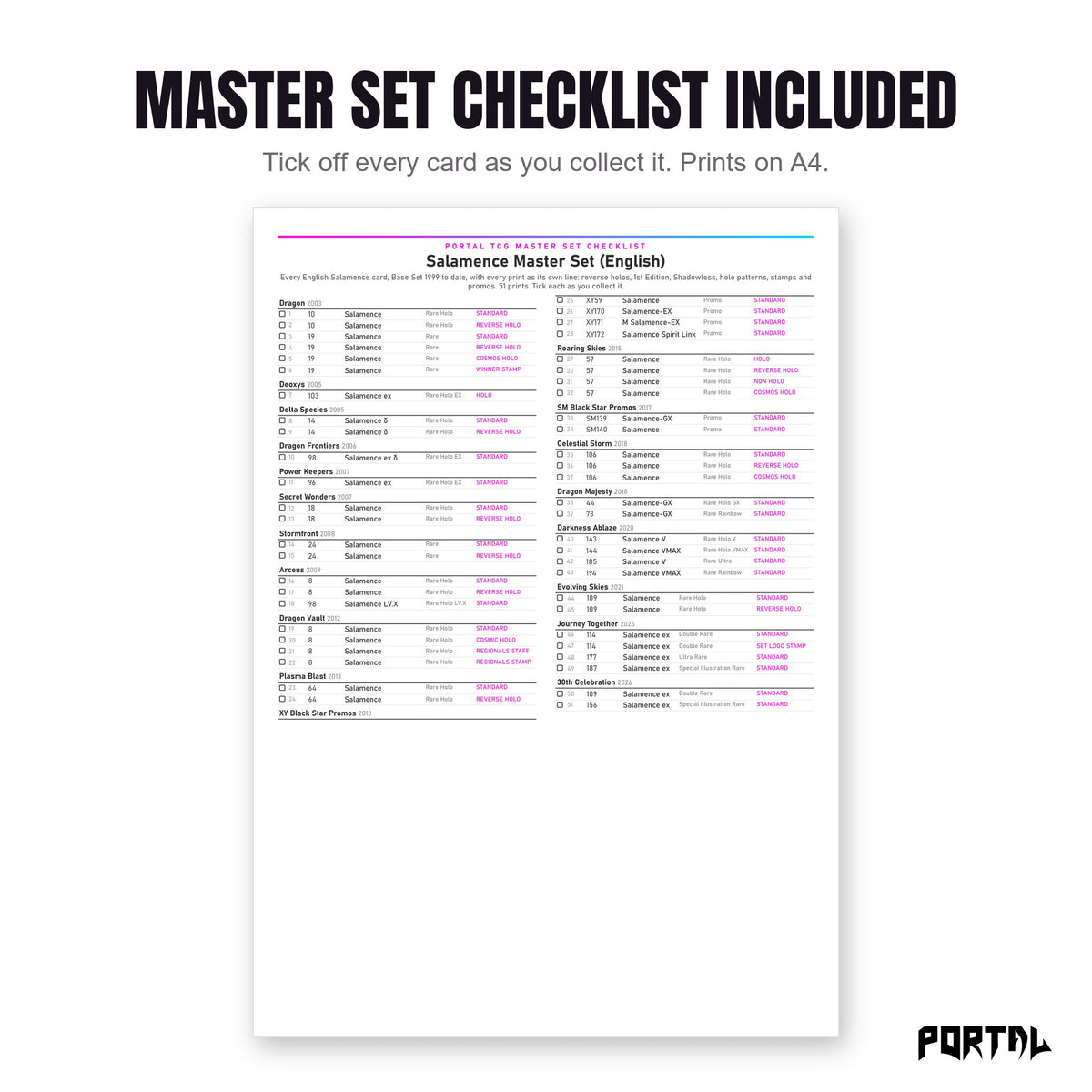 The Salamence master set checklist included in the pack