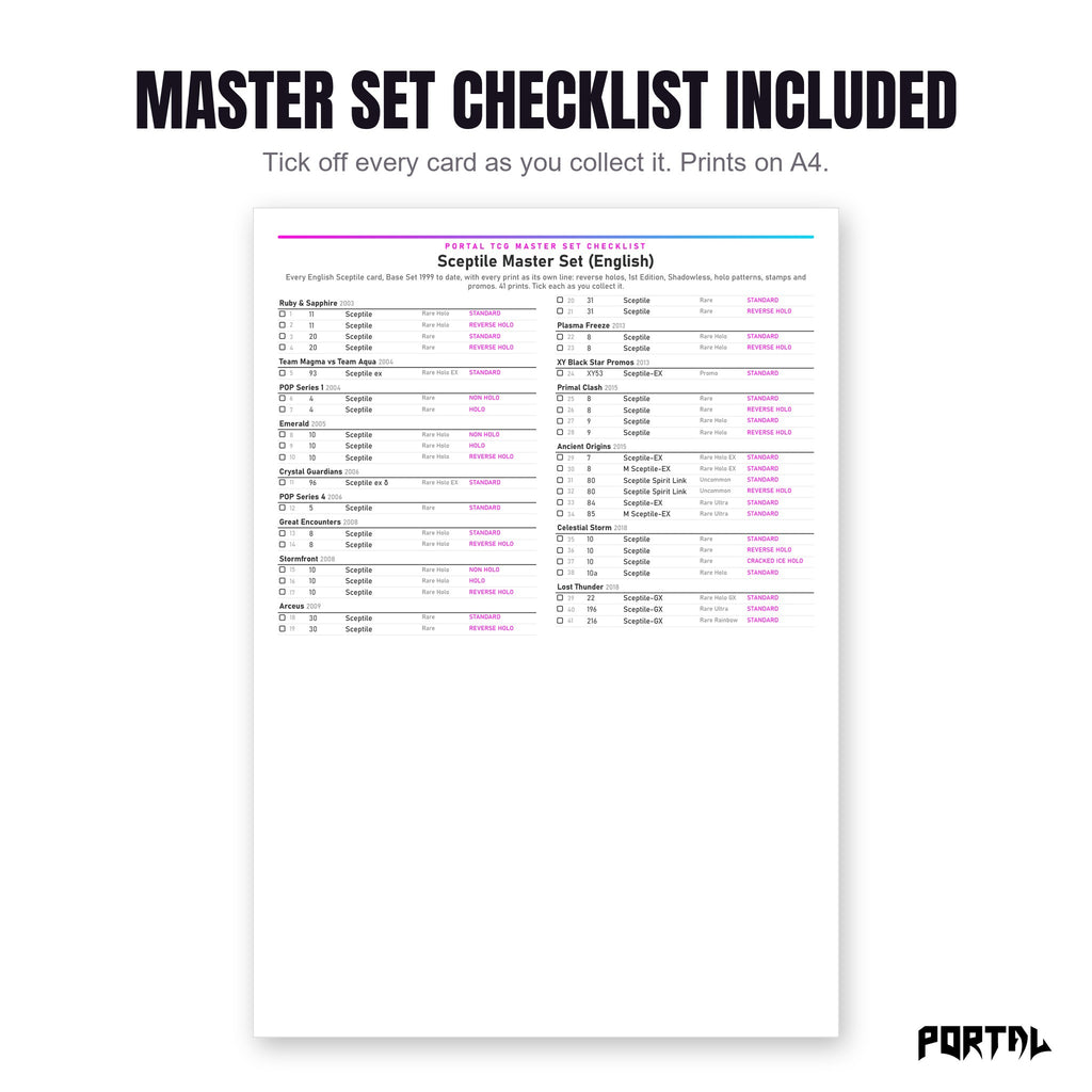 The Sceptile master set checklist included in the pack