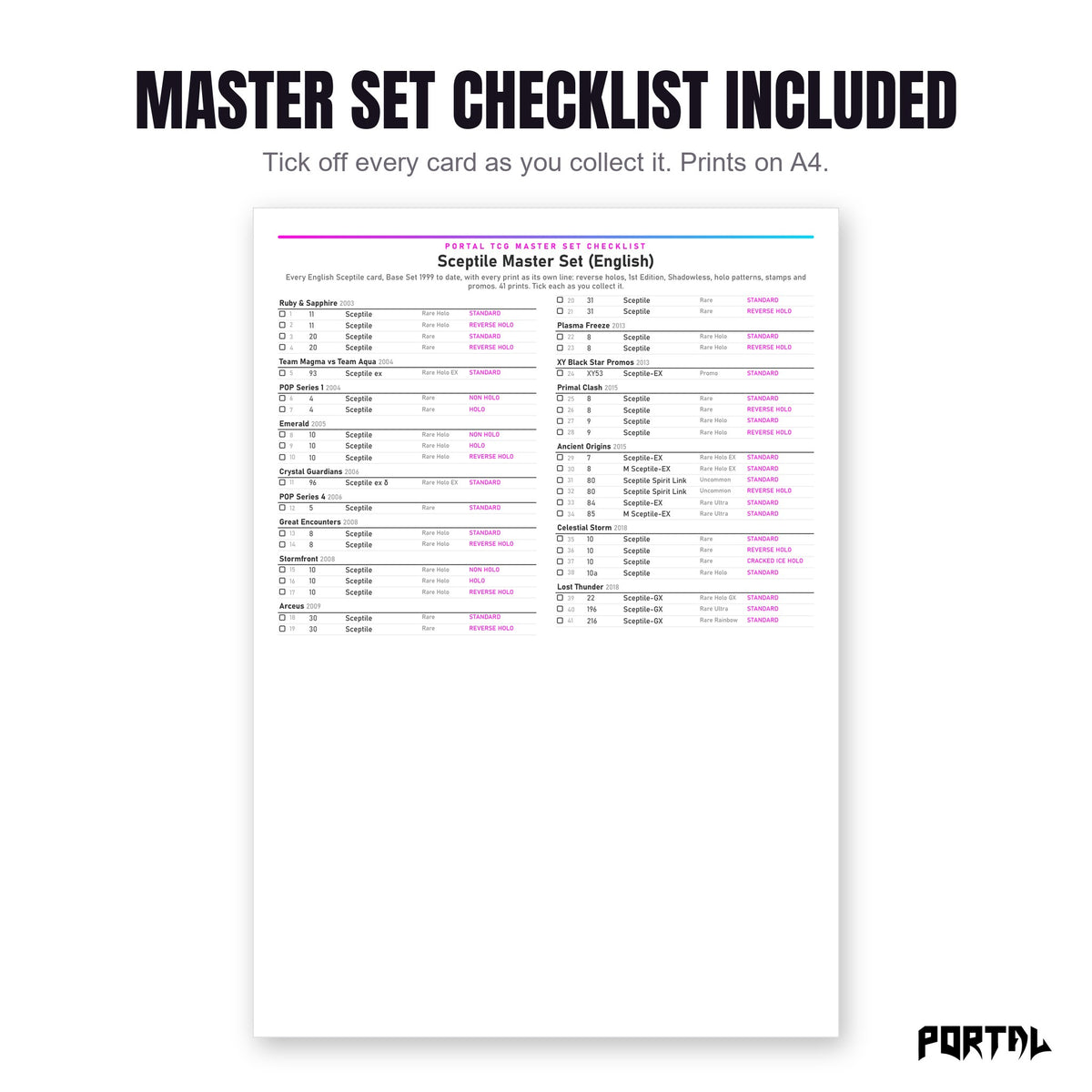 The Sceptile master set checklist included in the pack
