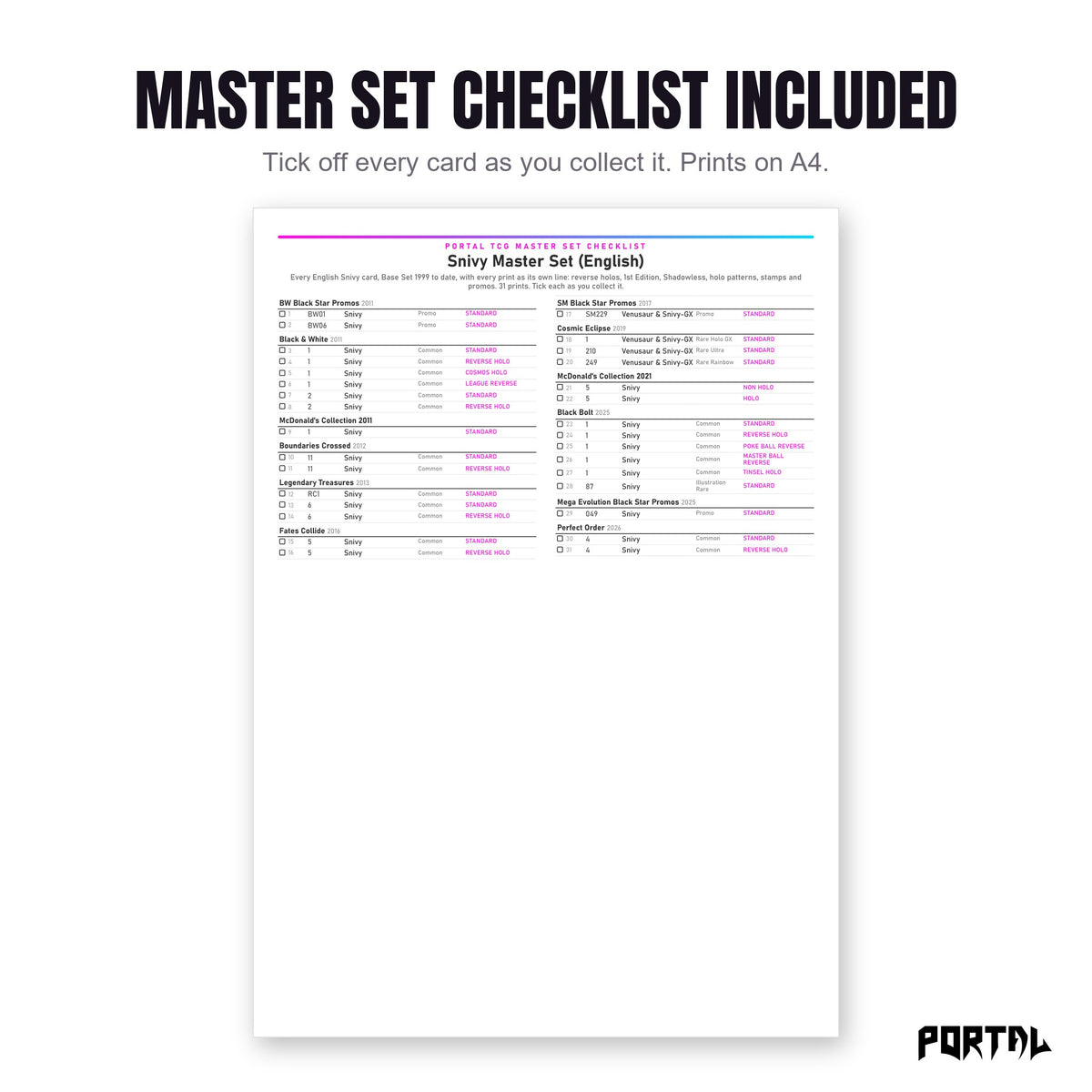 The Snivy master set checklist included in the pack