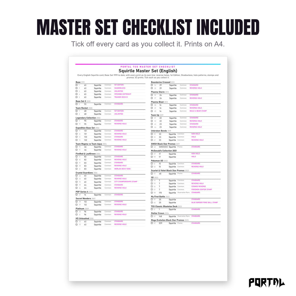 The Squirtle master set checklist included in the pack