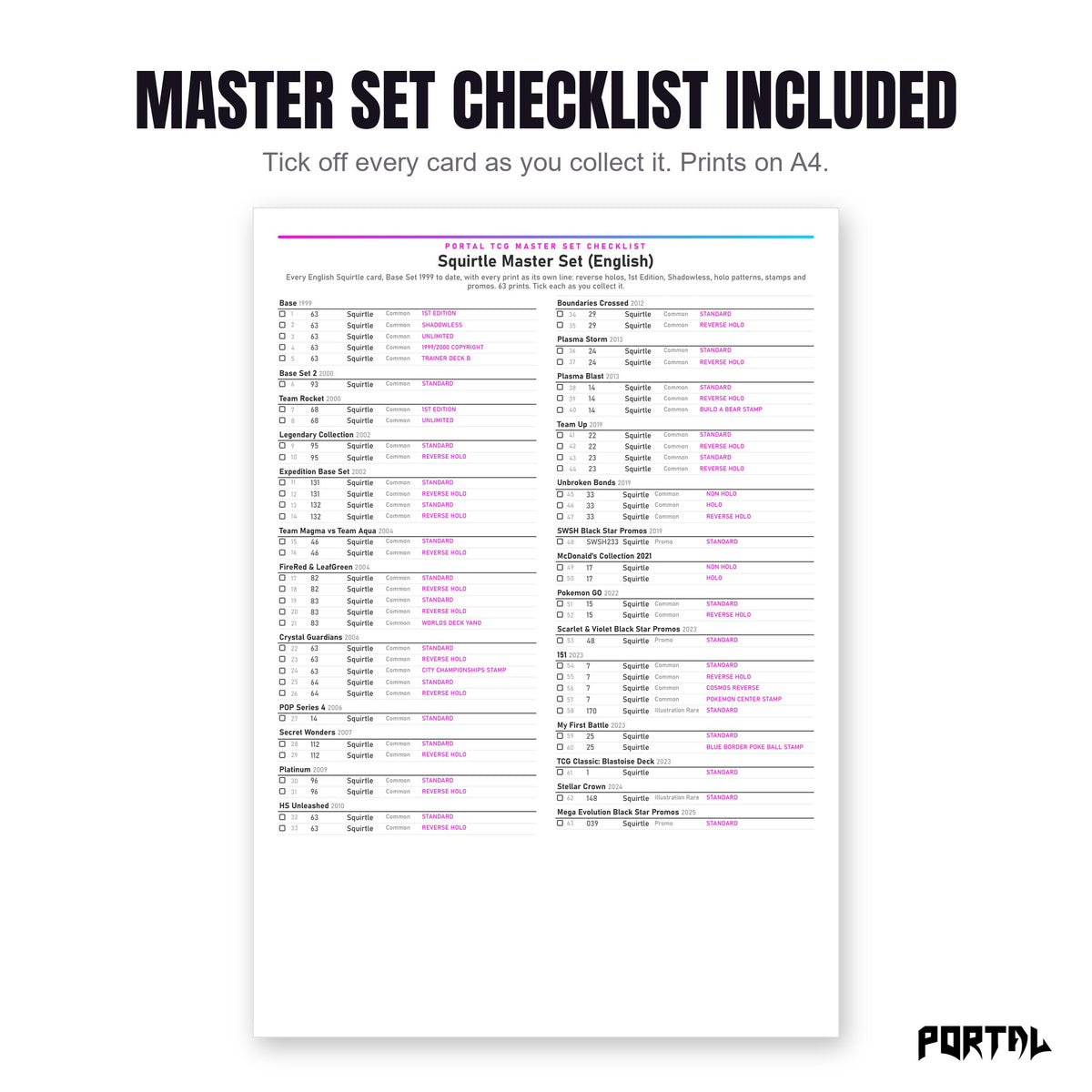 The Squirtle master set checklist included in the pack