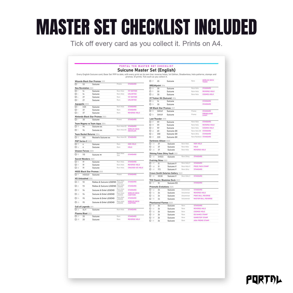 The Suicune master set checklist included in the pack