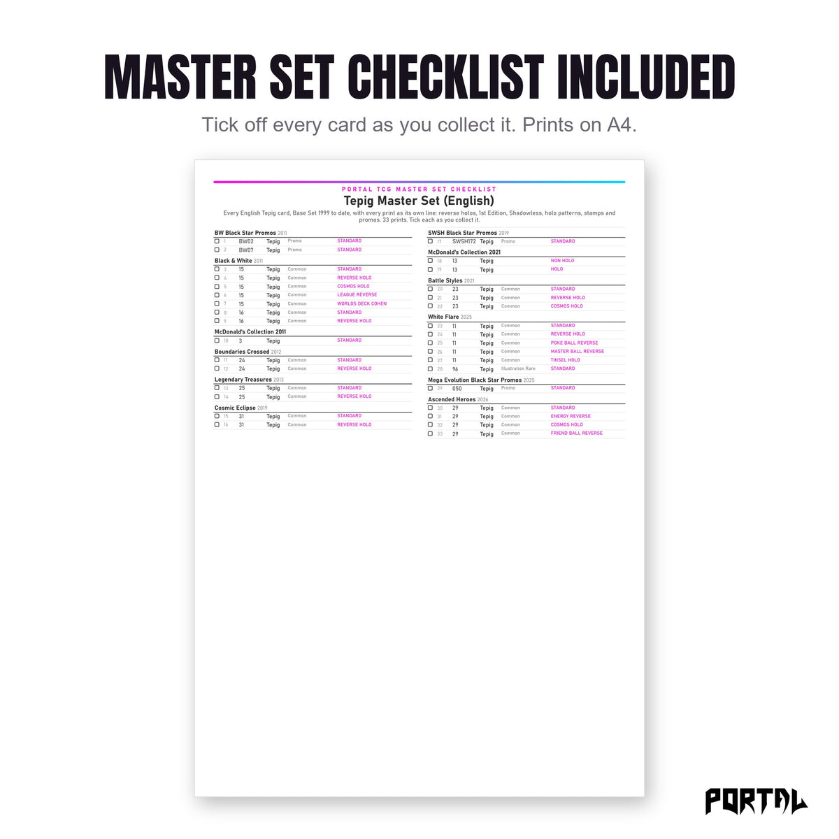 The Tepig master set checklist included in the pack