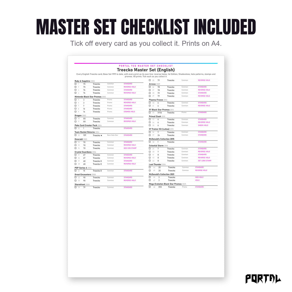The Treecko master set checklist included in the pack