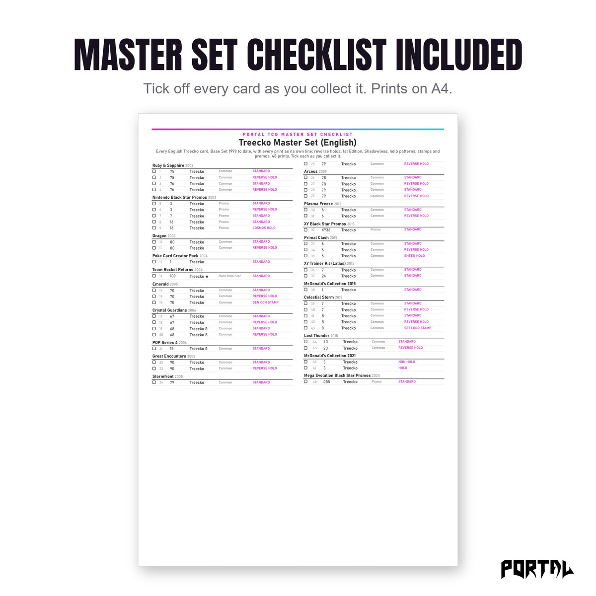 The Treecko master set checklist included in the pack
