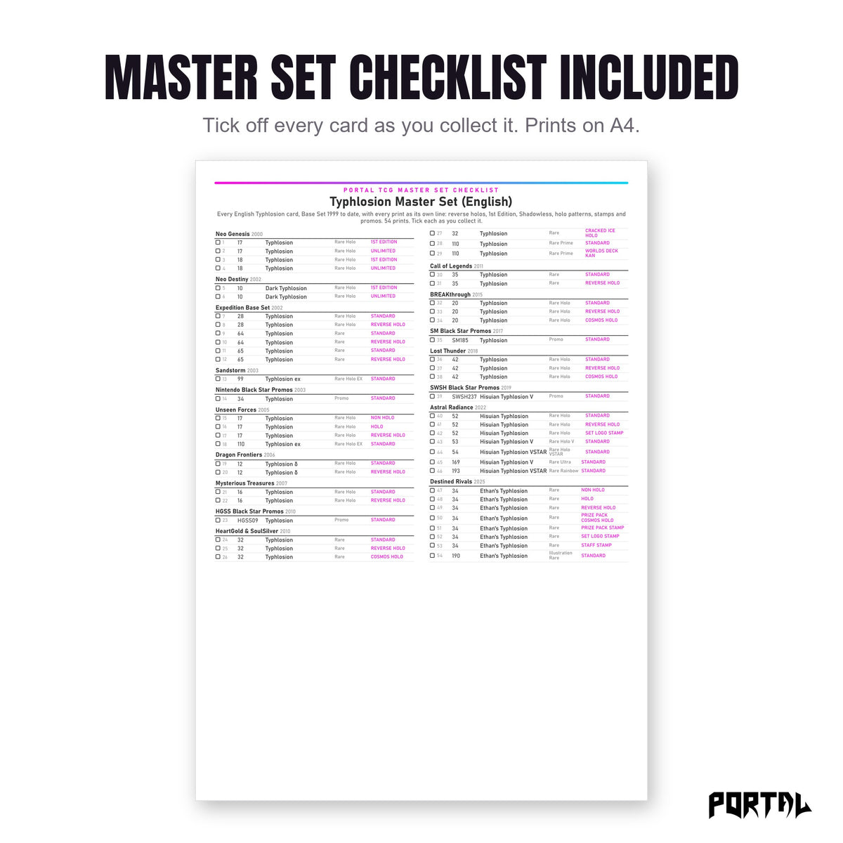 The Typhlosion master set checklist included in the pack