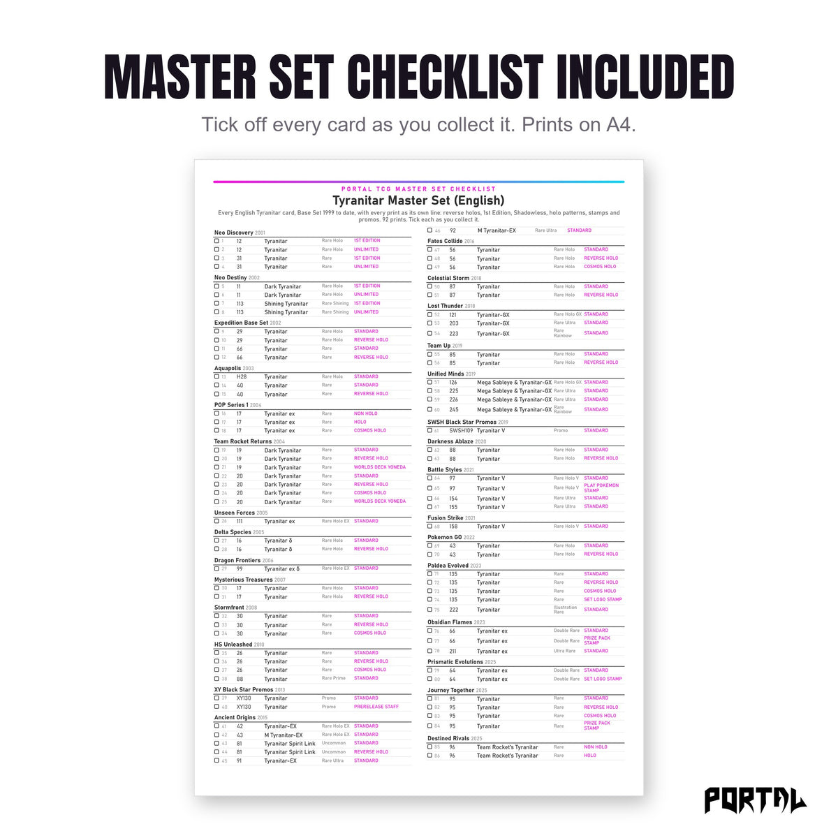 The Tyranitar master set checklist included in the pack