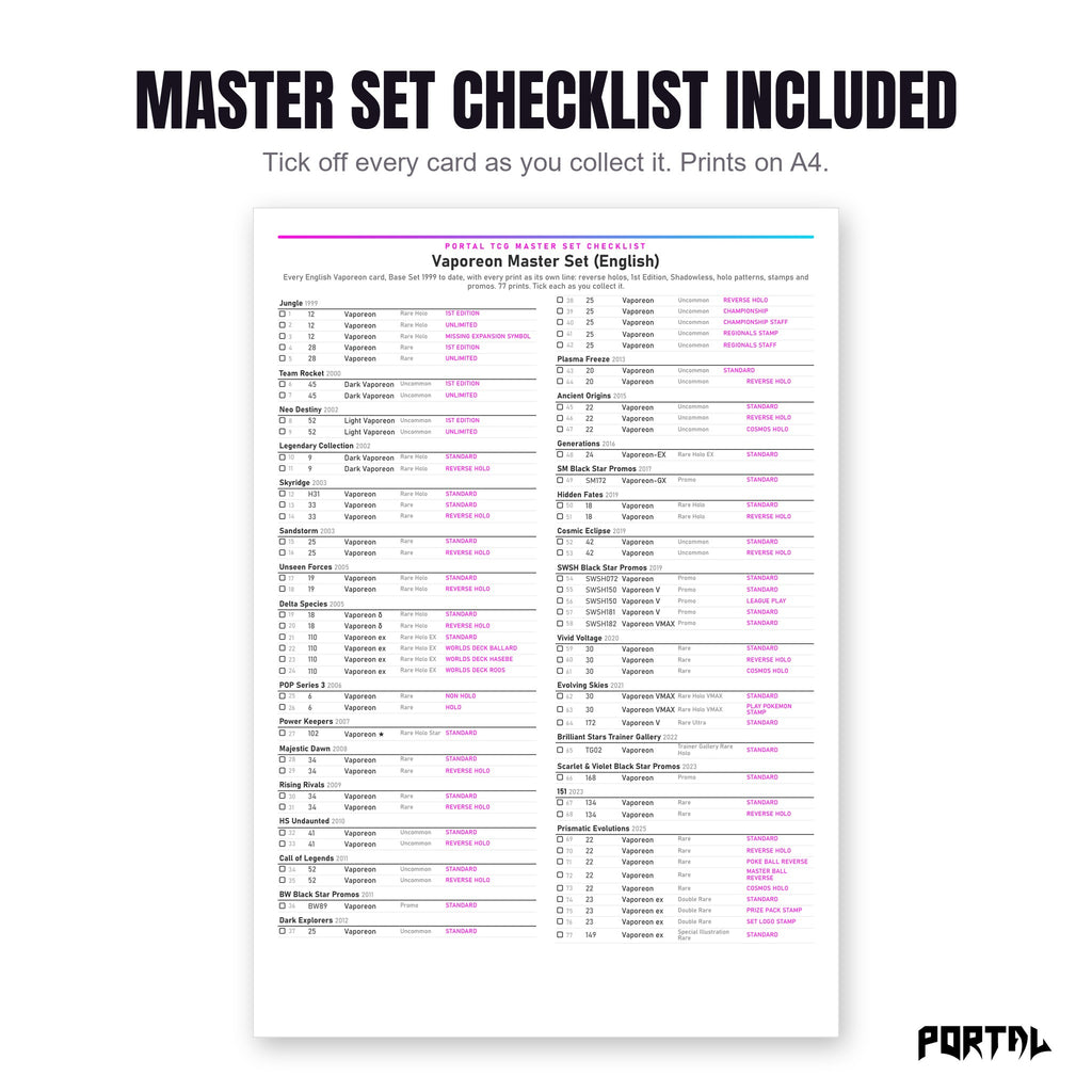 The Vaporeon master set checklist included in the pack