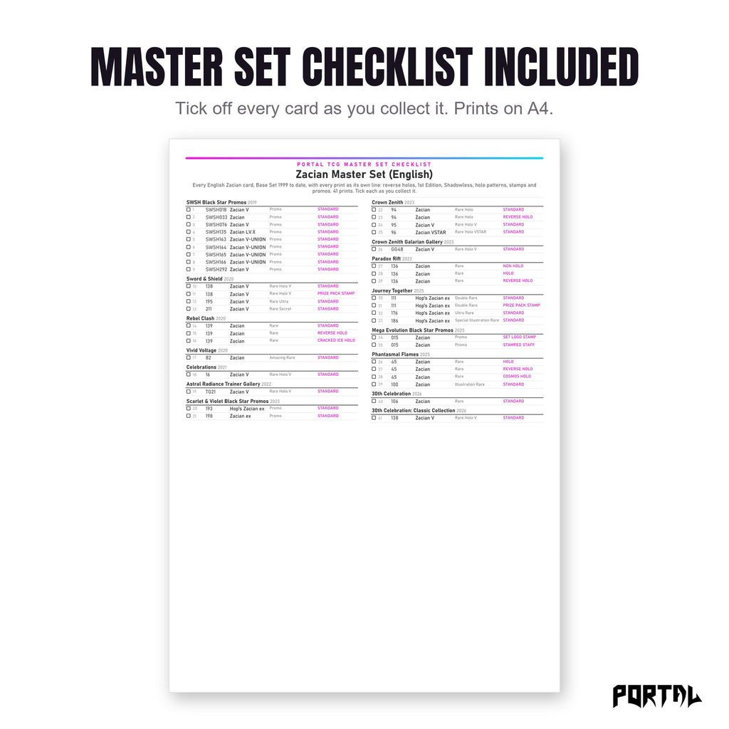 The Zacian master set checklist included in the pack
