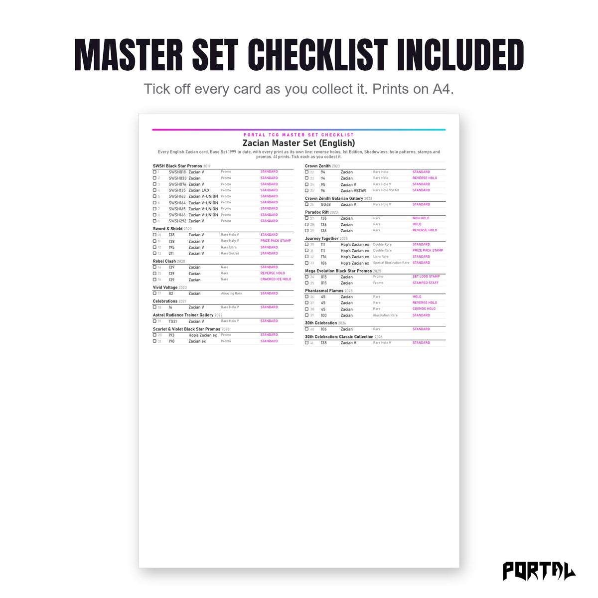 The Zacian master set checklist included in the pack