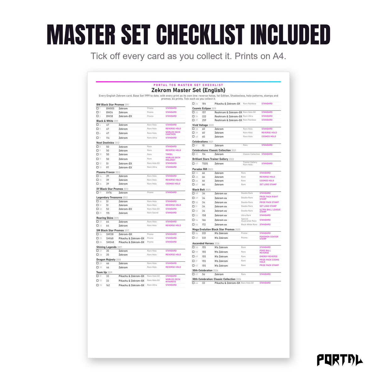 The Zekrom master set checklist included in the pack