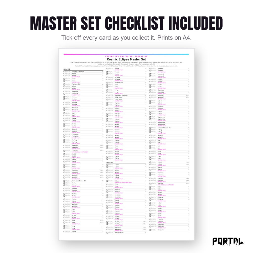 Pokemon Cosmic Eclipse master set placeholders, the checklist included in the download, Portal TCG