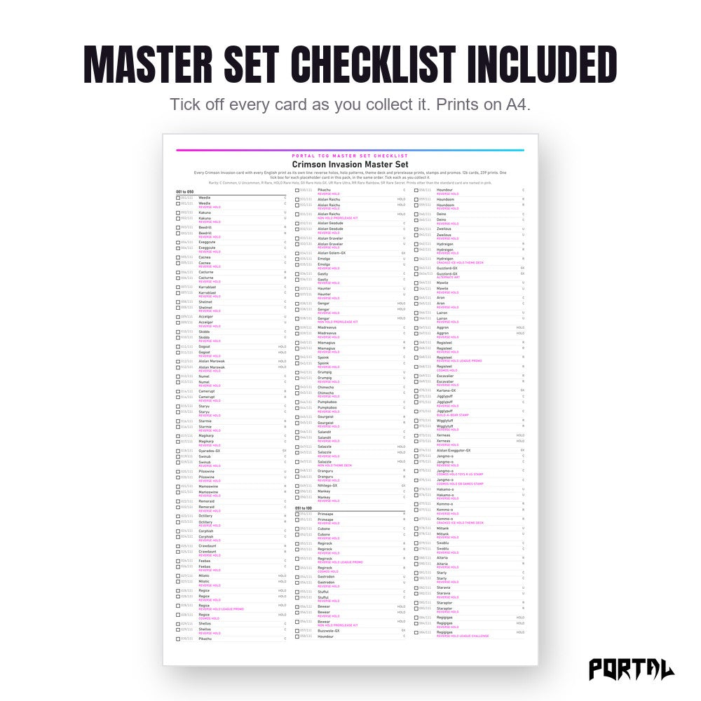 Pokemon Crimson Invasion master set placeholders, the checklist included in the download, Portal TCG