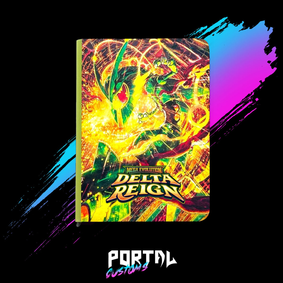 Pokemon Delta Reign Mega Rayquaza premium printed binder, lime green, front cover with set logo, Portal TCG