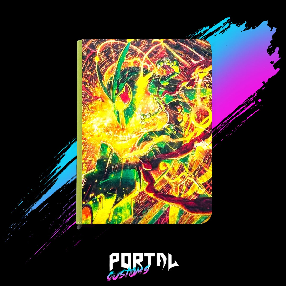Pokemon Delta Reign Mega Rayquaza premium printed binder, lime green, front cover without logo, Portal TCG