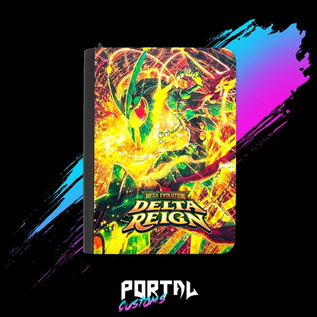 Pokemon Delta Reign Mega Rayquaza premium printed binder, black, front cover with set logo, Portal TCG