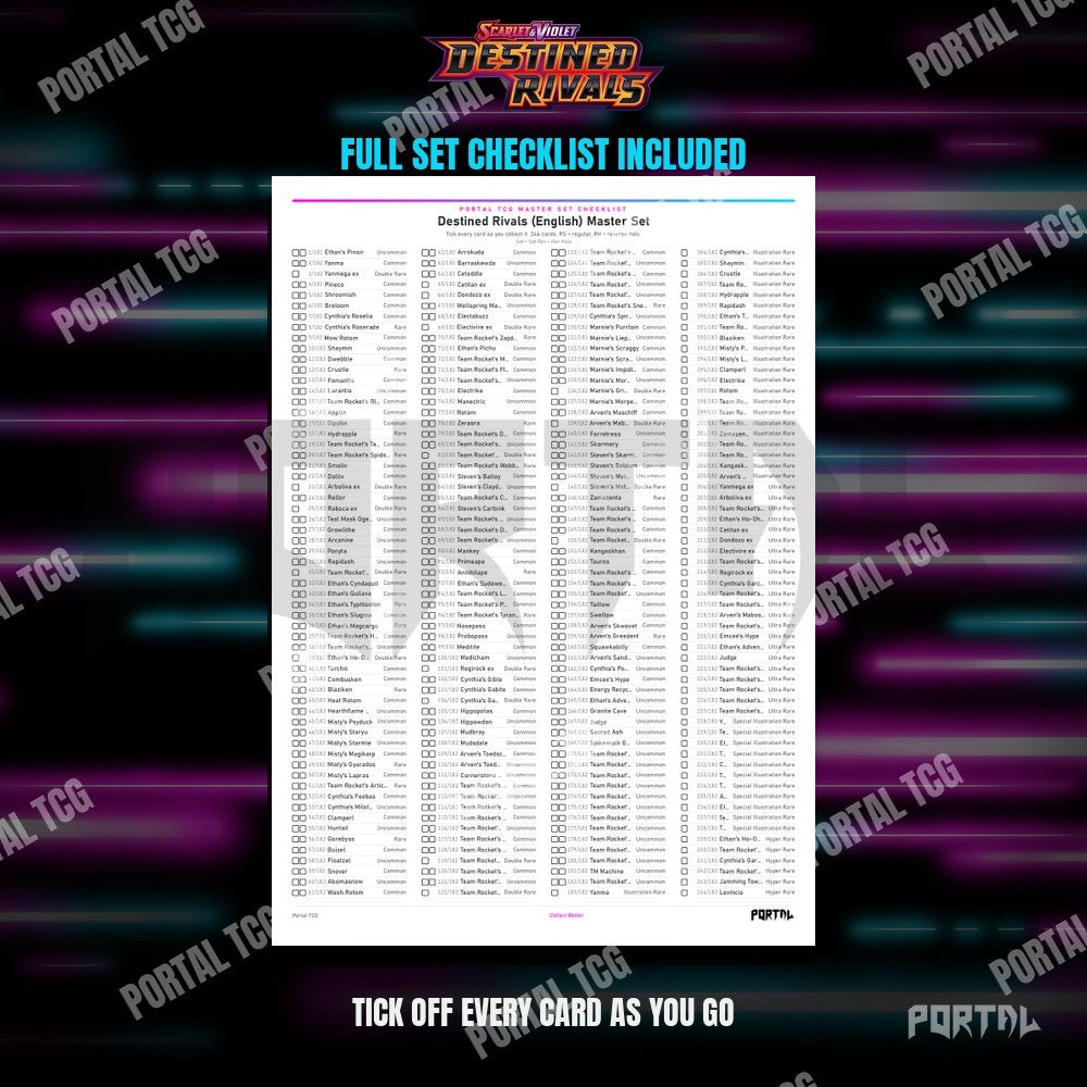 Destined Rivals master set placeholders, checklist included, Portal TCG