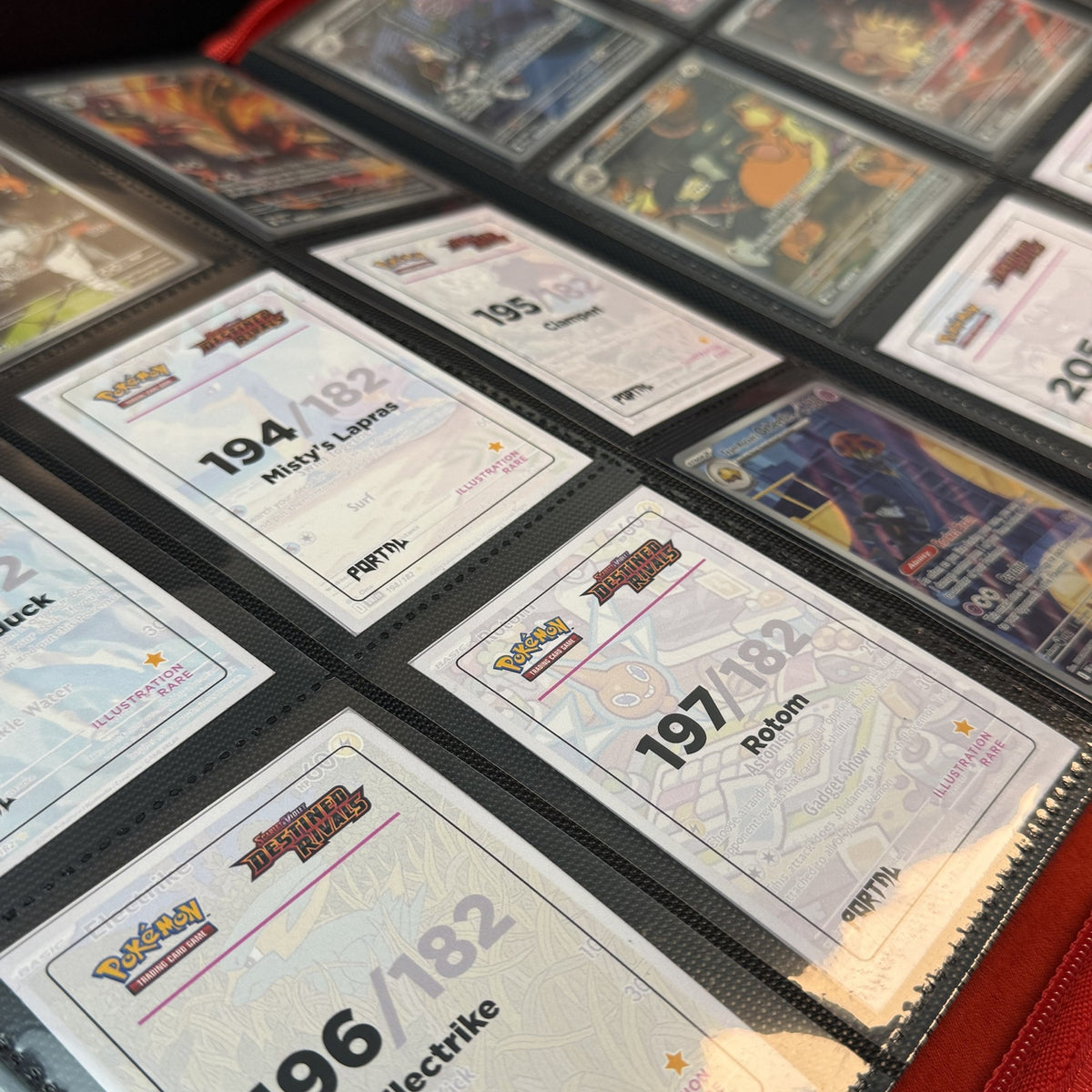 Destined Rivals master set placeholders printed and in a binder next to real cards, Portal TCG